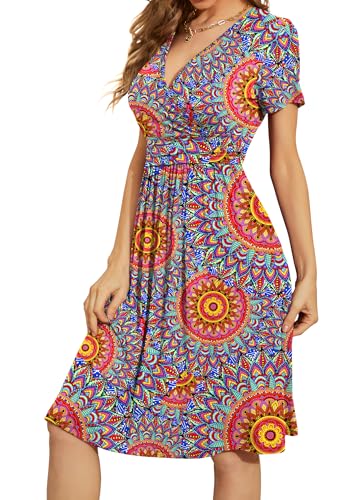 WEACZZY Womens Summer Dress Short Sleeve Casual Dresses V-Neck Floral Sundress with Pockets, Floral Peacock Blue, Medium - Image 2