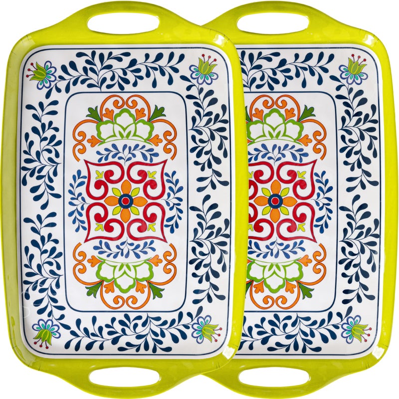 ZAROCRUS Large Serving Platter with Handles,19â€x12â€Large Rectangular Melamine Serving Tray Set of 2, Kitchen Food and BBQ Serving Platter, Talavera Grilling Prep and Serve Tray, Dishwasher Safe - Image 1