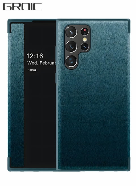 For Samsung Galaxy S22 Ultra 5g 6.8 Inch Phone Case, Leather Case with  Window, Magnetic Flip Cover, Half Window Stand Phone Shell Green