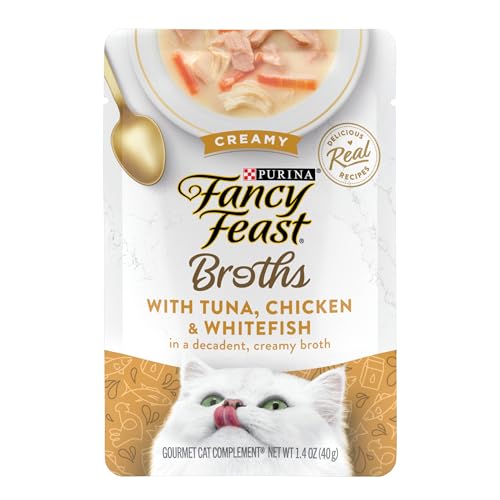 Purina Fancy Feast Lickable Wet Cat Food Broth Topper Creamy With Tuna Chicken and Whitefish Pack of 16 14 oz Pouches