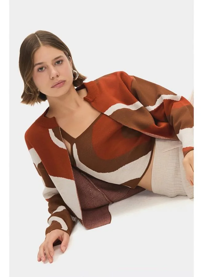 جون June Women Patterned Blouse Cardigan Knitwear Set Orange - Brown - Ecru