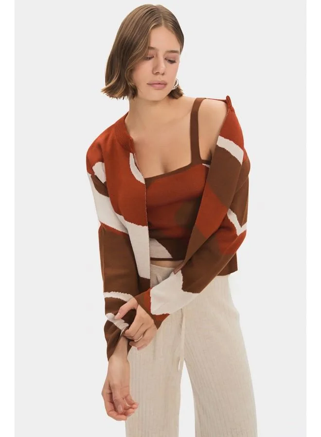 جون June Women Patterned Blouse Cardigan Knitwear Set Orange - Brown - Ecru