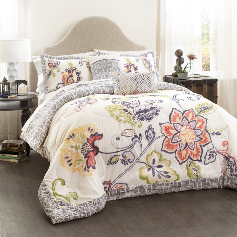 Lush Decor Lush Decor Aster Comforter Flower Pattern Reversible 5 Piece Lightweight Bedding Set Coral  Navy King 