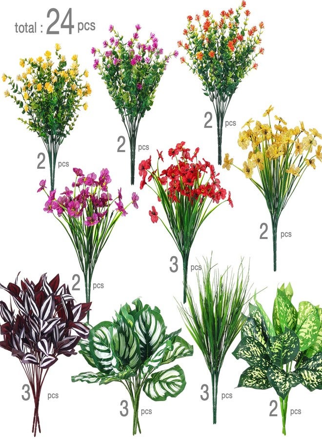 Knitgrip 24 Pcs Artificial Flowers for Outdoor Window Box, Artificial Fake Plants Plastic UV Resistant Wildflowers Greenery Shrubs for Spring Summer Garden Patio Front Porch Yard Decor(Bright) - Image 2