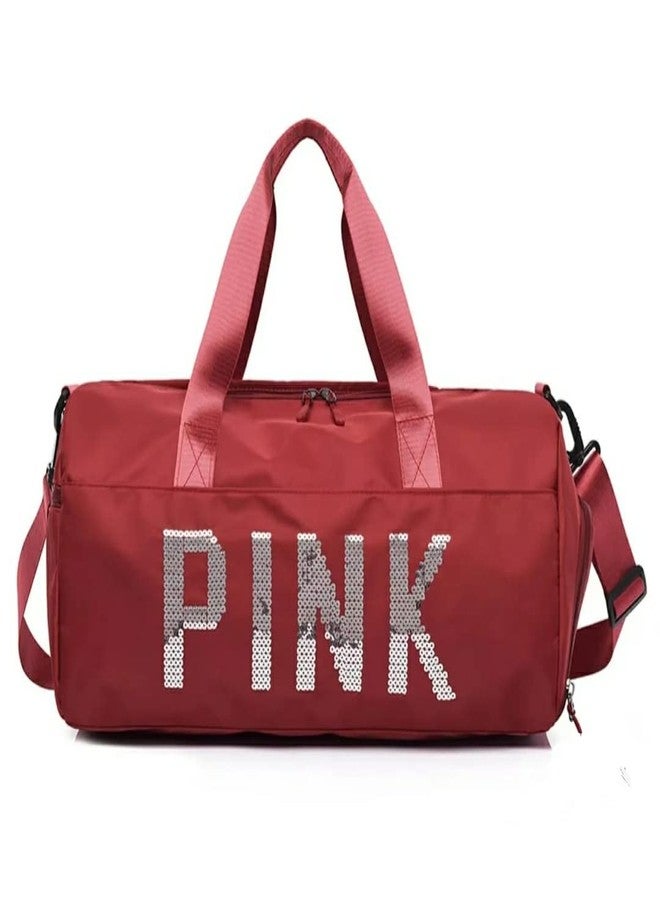 Firstdemand 2 L Gym Duffel Bag Unisex Sport Bags Women Luxury Handbags Pink Letter Large Capacity Travel Duffle Striped Beach Bag on Shoulder for Outdoor Business and Gym (Maroon Red) - Image 1