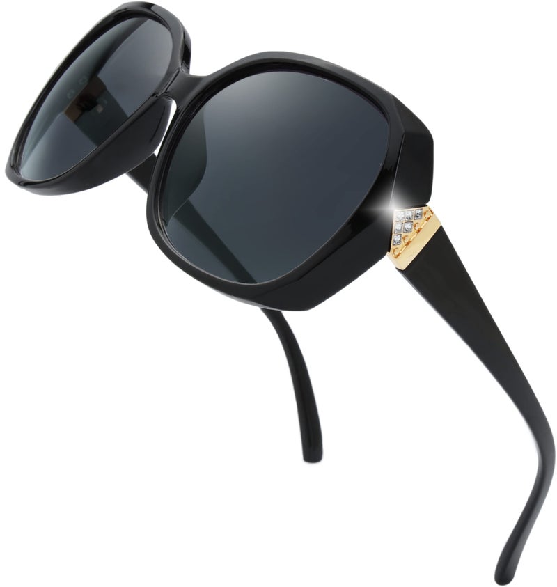 The Fresh Women's Polarized Oversized Jackie O Hybrid Butterfly Fashion Rhinestone Sunglasses - Exquisite Packaging (7327POL01 Black, Grey Polarized Lens) - Image 1