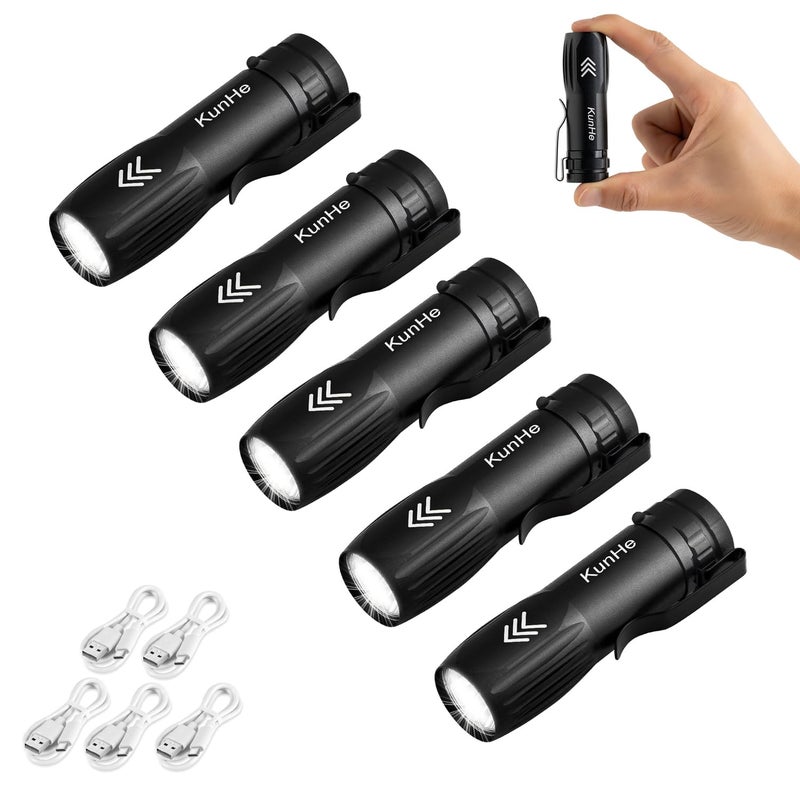 KunHe Small Rechargeable Flashlights, Mini LED Pocket Flashlight Battery Operated, Bulk Flash Light Clip for Home, EDC, Stocking Stuffers for Men Adults, 5 Pack - Image 1