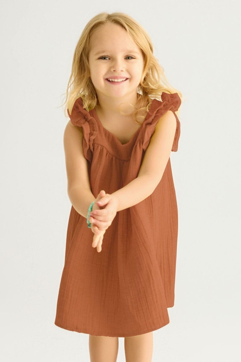 Zepkids Square Neck Short Sleeve Wide Frosted Square Neck Brown Color Girl Dress  - Image 2