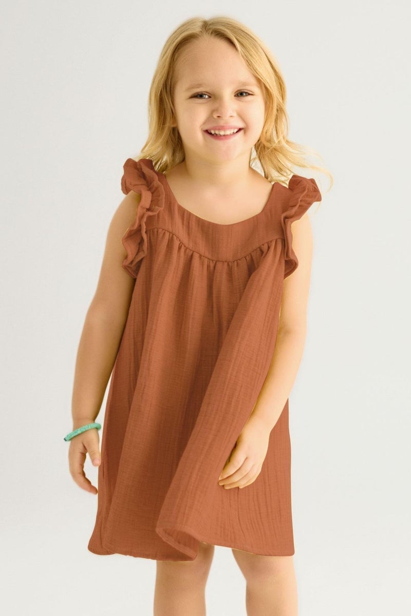Zepkids Square Neck Short Sleeve Wide Frosted Square Neck Brown Color Girl Dress  - Image 3