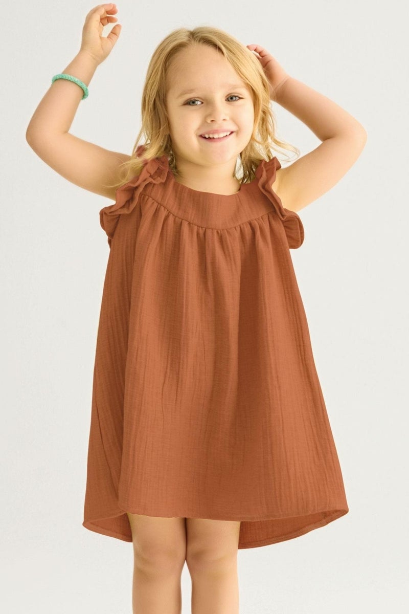 Zepkids Square Neck Short Sleeve Wide Frosted Square Neck Brown Color Girl Dress  - Image 1