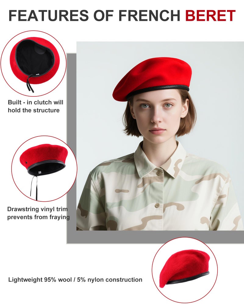 CKYPTFK Beret Hats for Women & Beret Hat Men - US Army Style 100% Wool Military Berets, Vintage British Officer Look, Warm Slouchy Unisex Cap-Red Hatï¼ˆLï¼‰ - Image 4