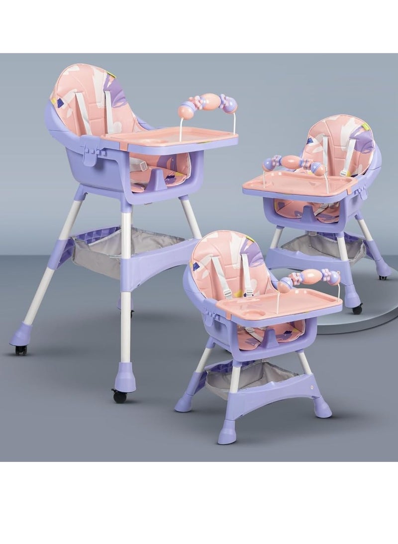Toys-Egypt Convertible High Chair with Adjustable Height and Footrest, Booster Seat for Feeding with Tray, Wheels and Safety Belt for Toddlers, Code (S360) (Pink/Purple)  - Image 1