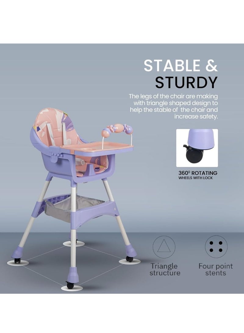 Toys-Egypt Convertible High Chair with Adjustable Height and Footrest, Booster Seat for Feeding with Tray, Wheels and Safety Belt for Toddlers, Code (S360) (Pink/Purple)  - Image 5