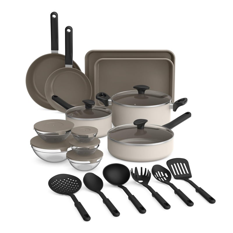 bella 21 Piece Kitchen Set with EverGoodâ„¢ Ceramic Nonstick Coatingâ€‹, Dishwasher & Oven Safe, All Stovetops Compatible, Tempered Glass Lids & Cool Touch Handles, Oatmilk - Image 1