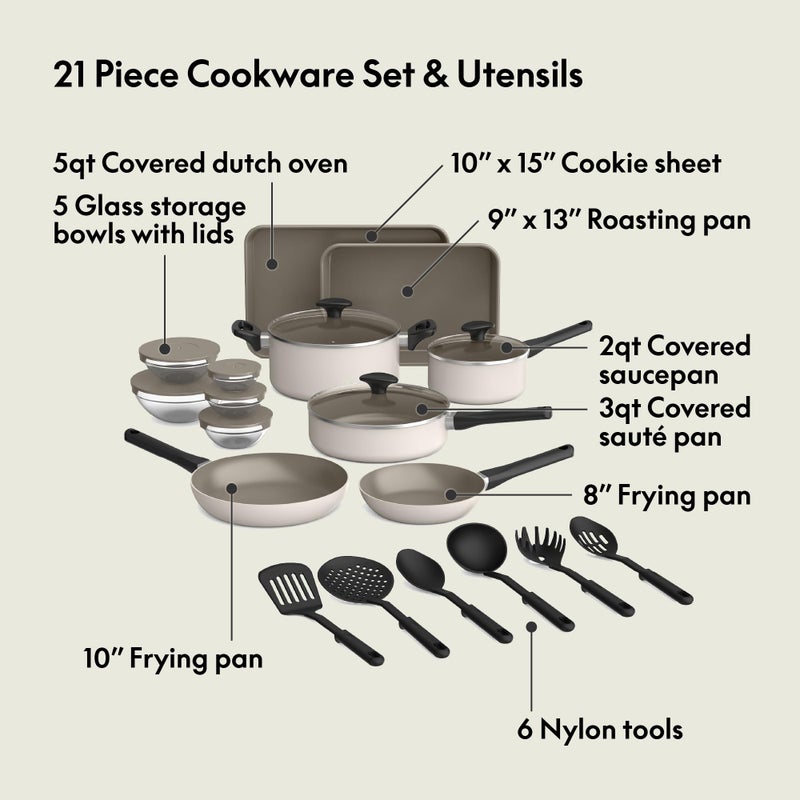 bella 21 Piece Kitchen Set with EverGoodâ„¢ Ceramic Nonstick Coatingâ€‹, Dishwasher & Oven Safe, All Stovetops Compatible, Tempered Glass Lids & Cool Touch Handles, Oatmilk - Image 2