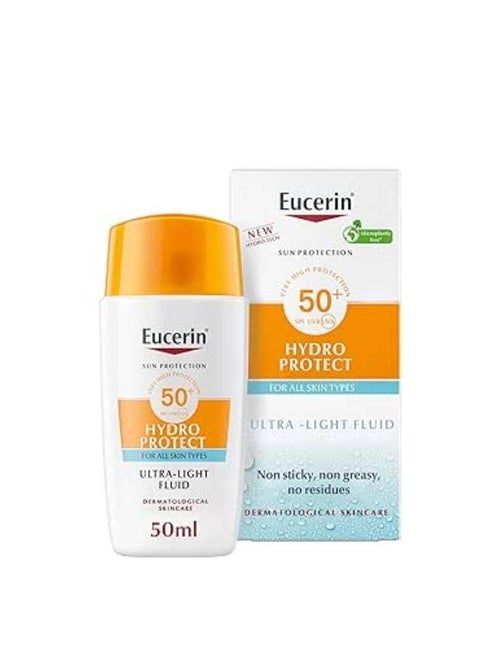 Eucerin Sunscreen Hydro Protect Face Ultra Light Fluid, High UVA/UVB Protection, SPF 50+, Suitable for Daily Use, Non sticky, Non Greasy, Suitable for All Skin Types, 50ml