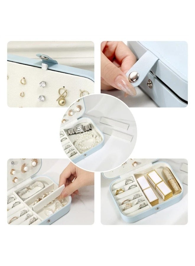 تانجبلب علبة مجوهرات سفر من الجلد الصناعي PU للنساء والبنات، منظم مجوهرات محمول بتصميم طبقتين مع فواصل قابلة للتعديل لترتيب الخواتم والأقراط والقلادات والأساور، صندوق تخزين مضاد للخدش ببطانة مخملية وخطافات للقلادات وجيب لحمايتها من التشابك، حجم صغير وخفيف مناسب للحقيبة والسفر والهدايا - Image 3