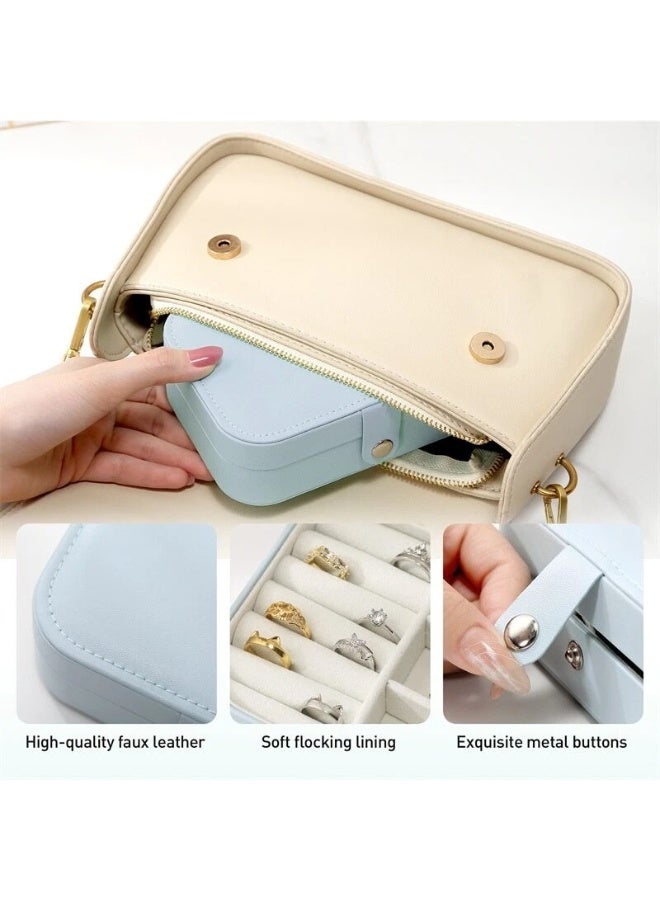 تانجبلب علبة مجوهرات سفر من الجلد الصناعي PU للنساء والبنات، منظم مجوهرات محمول بتصميم طبقتين مع فواصل قابلة للتعديل لترتيب الخواتم والأقراط والقلادات والأساور، صندوق تخزين مضاد للخدش ببطانة مخملية وخطافات للقلادات وجيب لحمايتها من التشابك، حجم صغير وخفيف مناسب للحقيبة والسفر والهدايا - Image 4