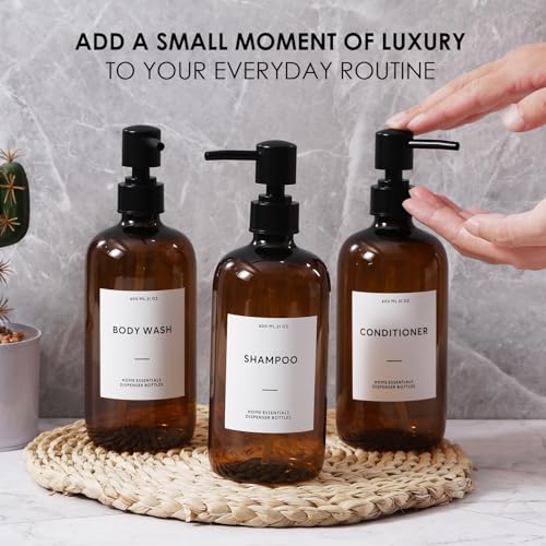 HOMCDALY Shampoo and Conditioner Dispenser, 21oz 3-Pack Refillable Shampoo and Conditioner Bottles, Shower Soap Bottles with Pump and Labels, Bathroom Shower Dispenser（21oz-Brown） - Image 5