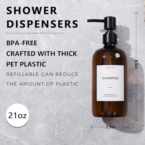 HOMCDALY Shampoo and Conditioner Dispenser, 21oz 3-Pack Refillable Shampoo and Conditioner Bottles, Shower Soap Bottles with Pump and Labels, Bathroom Shower Dispenser（21oz-Brown） - Image 2