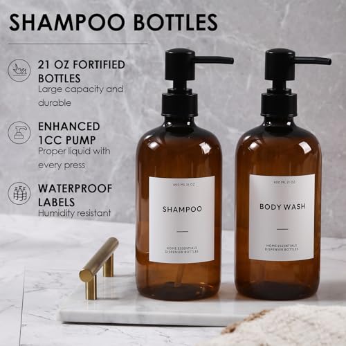 HOMCDALY Shampoo and Conditioner Dispenser, 21oz 3-Pack Refillable Shampoo and Conditioner Bottles, Shower Soap Bottles with Pump and Labels, Bathroom Shower Dispenser（21oz-Brown） - Image 3