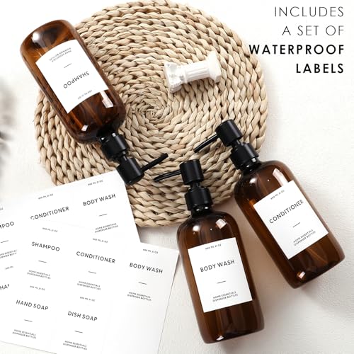 HOMCDALY Shampoo and Conditioner Dispenser, 21oz 3-Pack Refillable Shampoo and Conditioner Bottles, Shower Soap Bottles with Pump and Labels, Bathroom Shower Dispenser（21oz-Brown） - Image 4