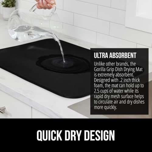 GORILLA GRIP Ultra Water Absorbent Microfiber Dish Drying Mat, Quick Dry Thick Mesh, Slip Resistant Pad for Sink Dishes or Under Rack, Kitchen Counter Accessories, 16x18, Machine Wash Mats, Black - Image 3