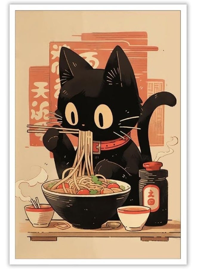 EMODA noskisy Vintage Japanese Black Cat Eat Noodle Posters Tokyo Ukiyoe Cute Cats Canvas Wall Art Period Ramen Noodles Prints Painting For Kitchen Home Bedroom Dorm Wall Decor 8x12in Unframed - Image 1