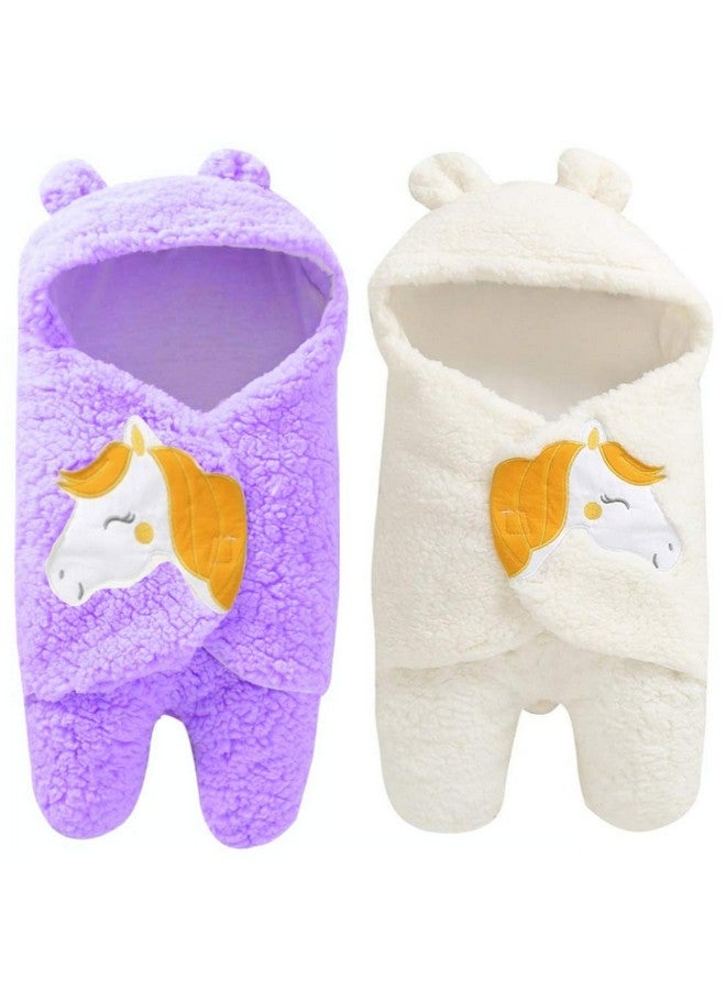 Brandonn Newborn Baby'S Hooded Blanket Cum Sleeping Bag Combo Of 2, White, Purple - Image 1