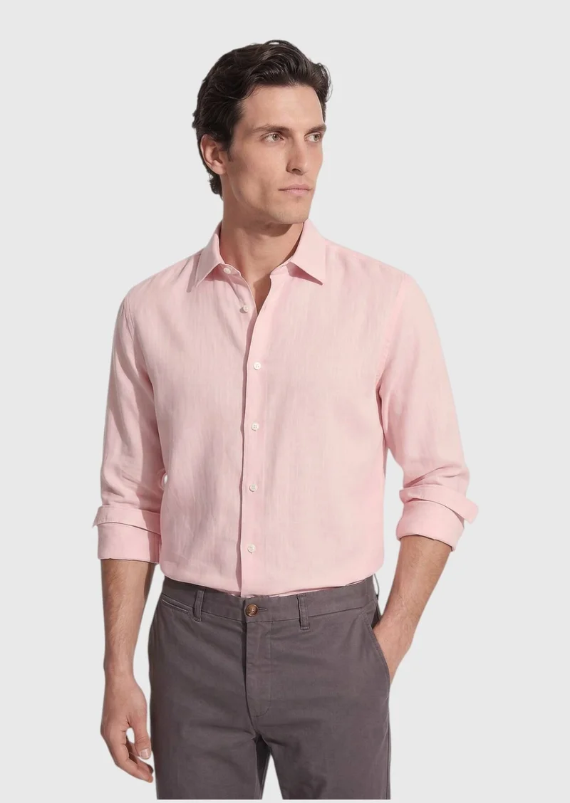 RAMSEY Pink Plain Casual Fit Long Weaving Casual 100% Cotton Shirt