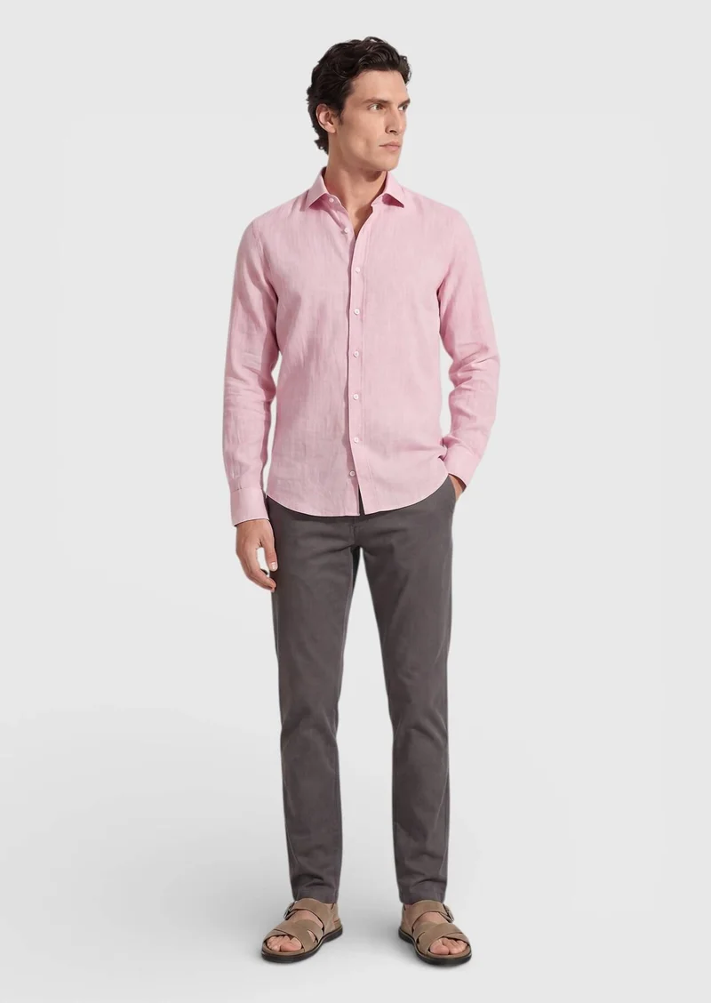 RAMSEY Pink Plain Casual Fit Long Weaving Casual 100% Cotton Shirt