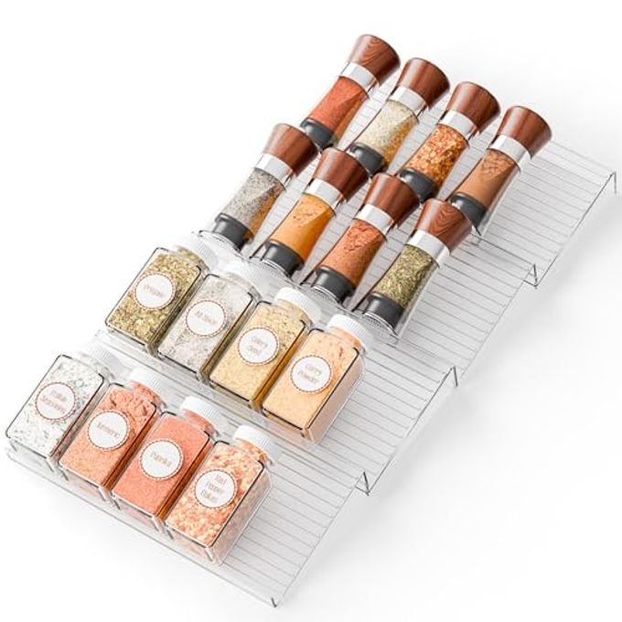 Yieach 4 Pack Adjustable Narrow Spice Rack for Drawer - Expandable From 9" to 17.7" - Acrylic Drawer Seasoning Organizer,Tiered Clear Spice Tray for Spices,Condiment,Nail Polish and Jar Organization