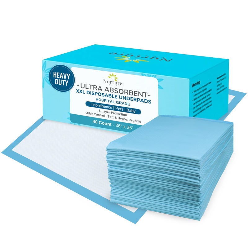 40 XL 36 x 36 Heavy Duty Ultra Absorbent Bed Pads w/ Adhesive by Nurture | Disposable Chux Liners, Underpads, Adult Incontinence Hospital Grade Chucks