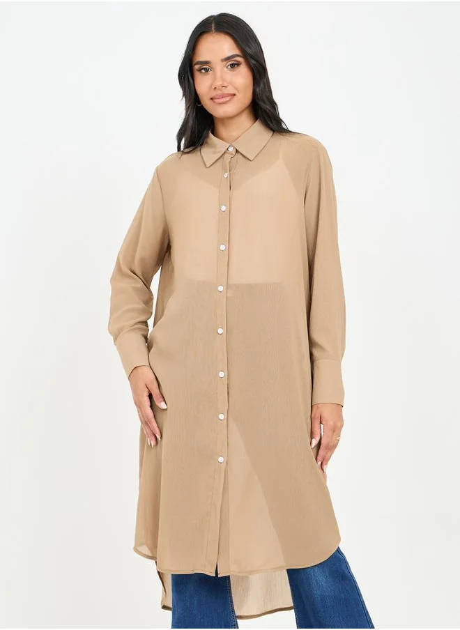 ستايلي Solid Mesh High Low Hem Longline Tunic Shirt