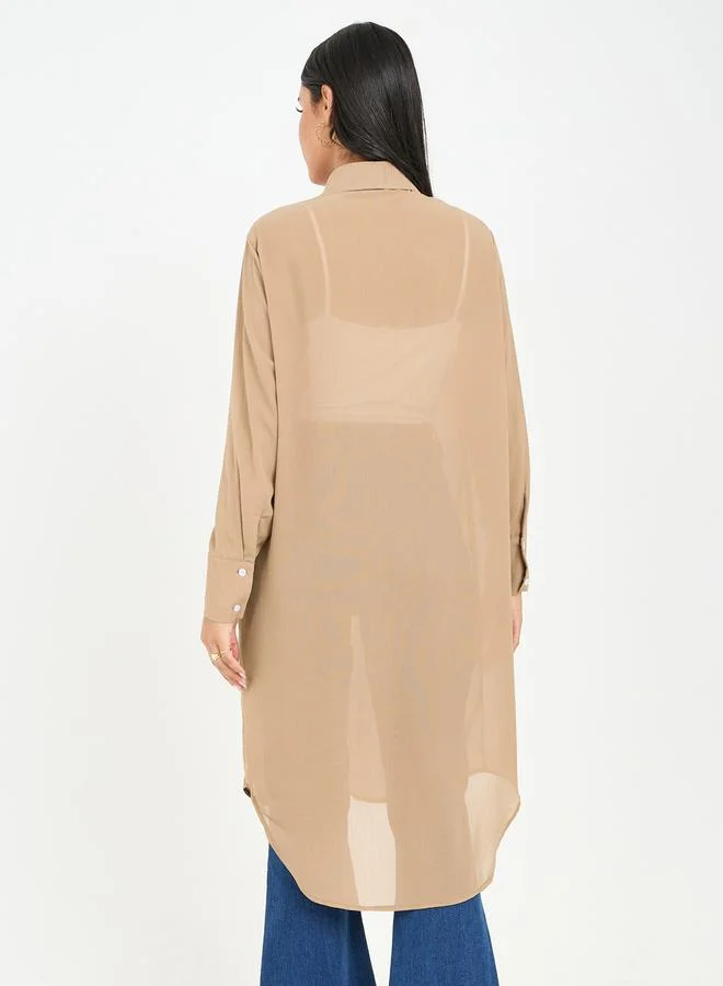 ستايلي Solid Mesh High Low Hem Longline Tunic Shirt