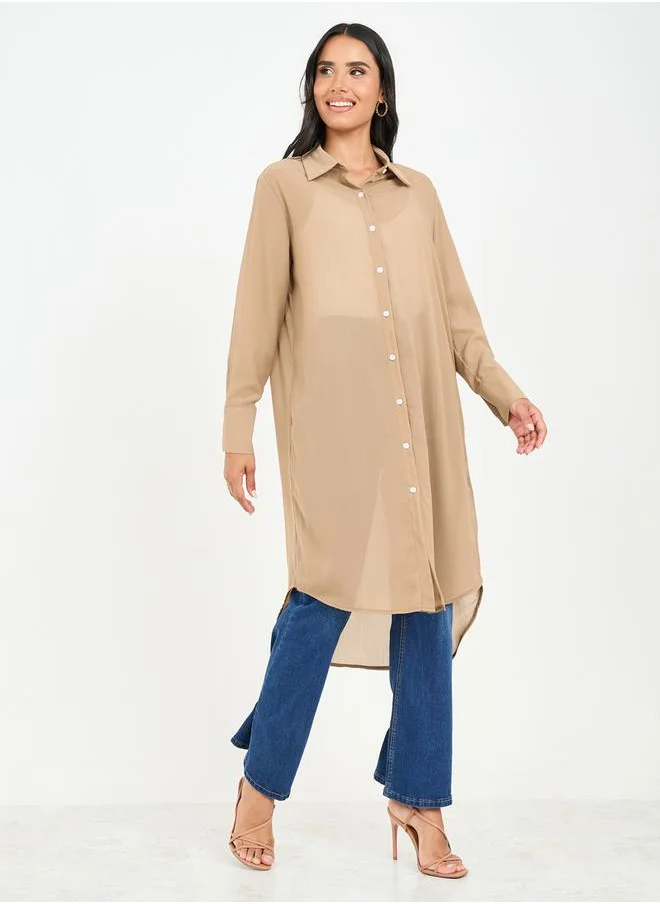 ستايلي Solid Mesh High Low Hem Longline Tunic Shirt