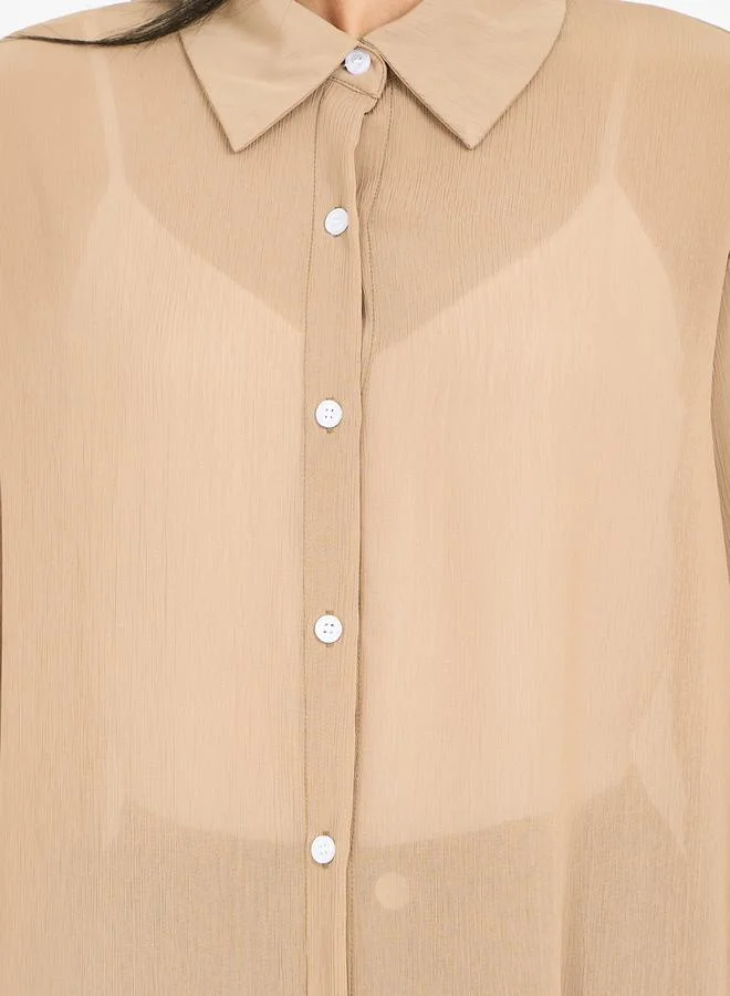 ستايلي Solid Mesh High Low Hem Longline Tunic Shirt
