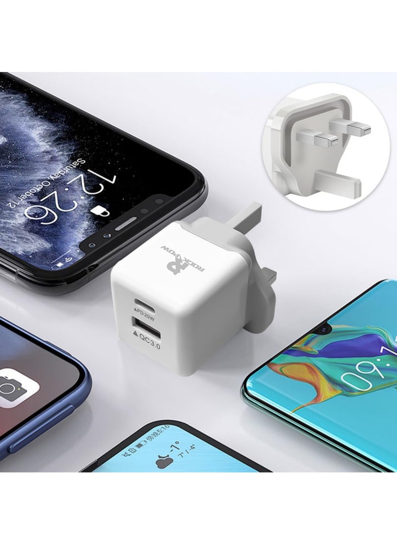 Rock Pow - iphone charger PD 20W Fast Charger 2 Ports QC 3.0 & PD for iPhone 16 15 Fast Charging Type C USB C Charger  iPhone 16 Charger with 2pcs Cable for iPhone 16/16 Plus/16 Pro/16 Pro Max/iPhone 15/15 Pro Max/15 Plus/15 Pro/14/13/12/11/iPad Pro/AirPods Samsung Galaxy S24, S23, S22, S21, S20, Z Fold, Z Flip,Travel Power Adapter also for Huawei/Xiaomi, etc - Image 1