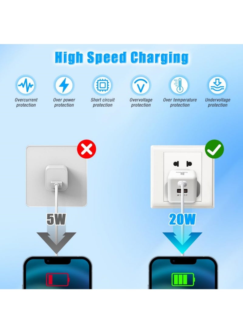 Rock Pow - iphone charger PD 20W Fast Charger 2 Ports QC 3.0 & PD for iPhone 16 15 Fast Charging Type C USB C Charger  iPhone 16 Charger with 2pcs Cable for iPhone 16/16 Plus/16 Pro/16 Pro Max/iPhone 15/15 Pro Max/15 Plus/15 Pro/14/13/12/11/iPad Pro/AirPods Samsung Galaxy S24, S23, S22, S21, S20, Z Fold, Z Flip,Travel Power Adapter also for Huawei/Xiaomi, etc - Image 1