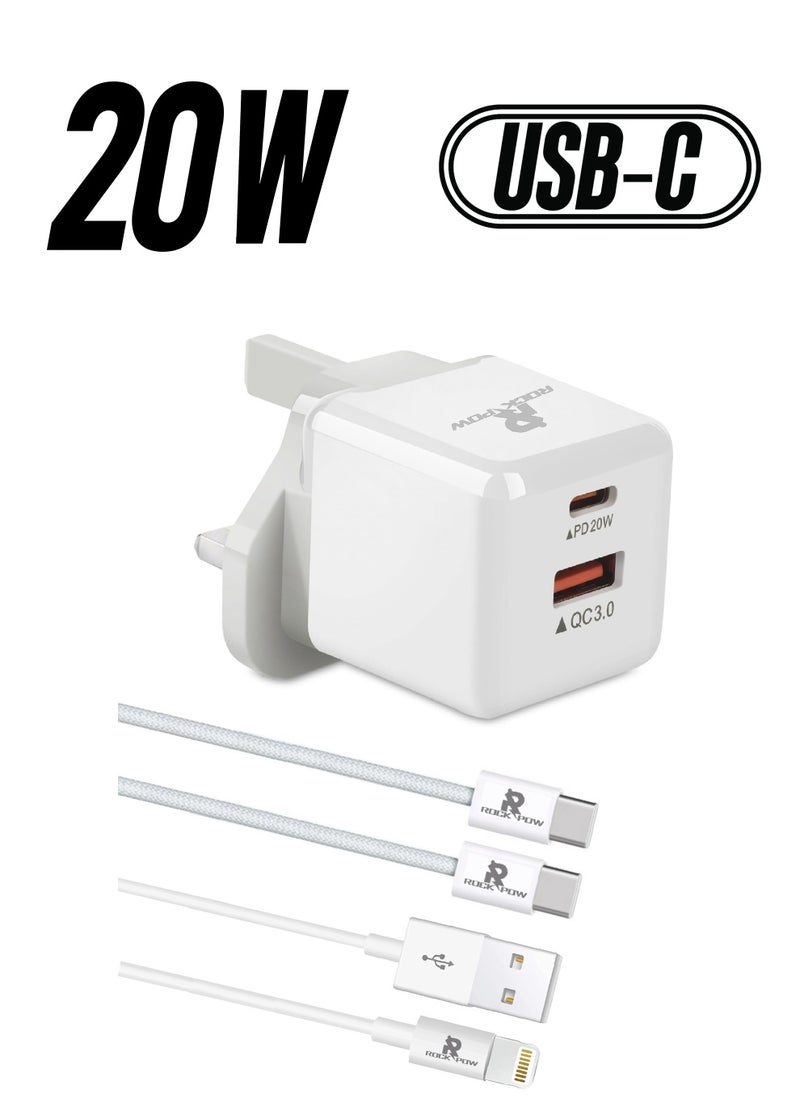 Rock Pow iphone charger PD 20W Fast Charger 2 Ports QC 3.0 & PD for iPhone 16 15 Fast Charging Type C USB C Charger  iPhone 16 Charger with 2pcs Cable for iPhone 16/16 Plus/16 Pro/16 Pro Max/iPhone 15/15 Pro Max/15 Plus/15 Pro/14/13/12/11/iPad Pro/AirPods Samsung Galaxy S24, S23, S22, S21, S20, Z Fold, Z Flip,Travel Power Adapter also for Huawei/Xiaomi, etc  - Image 1
