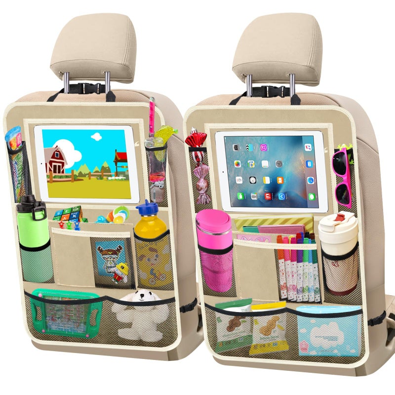Zecirl Car Backseat Organizer ï¼Œ2 Pack Car Organizer Back Seat with 11" Tablet Holder, 10 Storage Pockets Seat Back Protectors Kick Mats for Kids Toddlers, Travel Accessories (Beige) - Image 1