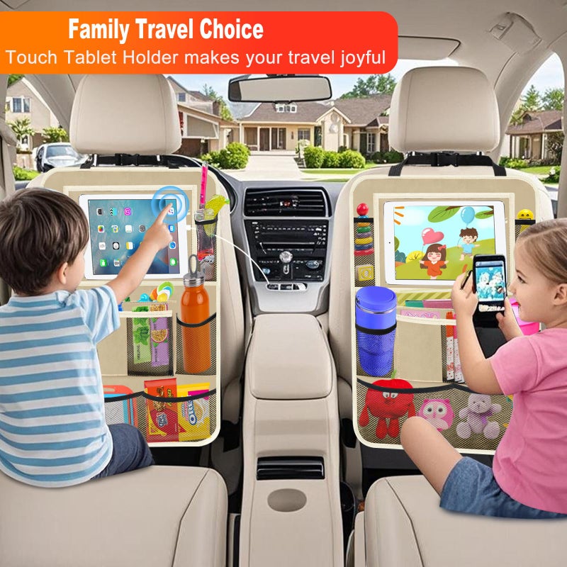 Zecirl Car Backseat Organizer ï¼Œ2 Pack Car Organizer Back Seat with 11" Tablet Holder, 10 Storage Pockets Seat Back Protectors Kick Mats for Kids Toddlers, Travel Accessories (Beige) - Image 5