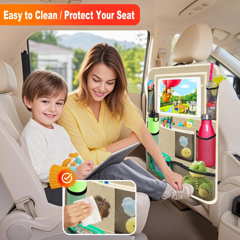 Zecirl Car Backseat Organizer ï¼Œ2 Pack Car Organizer Back Seat with 11" Tablet Holder, 10 Storage Pockets Seat Back Protectors Kick Mats for Kids Toddlers, Travel Accessories (Beige) - Image 4