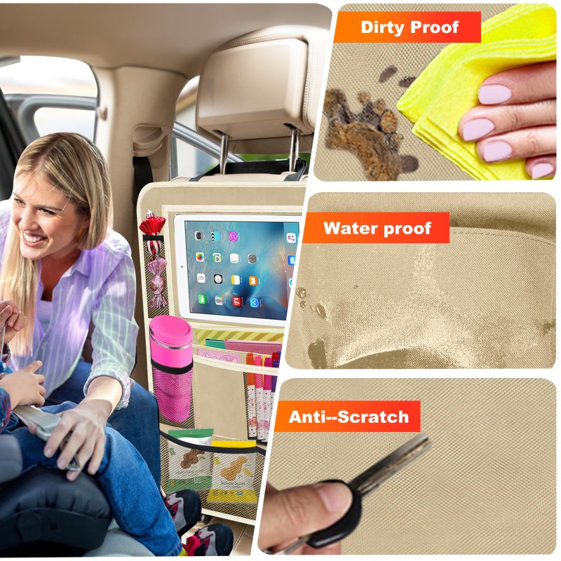 Zecirl Car Backseat Organizer ï¼Œ2 Pack Car Organizer Back Seat with 11" Tablet Holder, 10 Storage Pockets Seat Back Protectors Kick Mats for Kids Toddlers, Travel Accessories (Beige) - Image 3