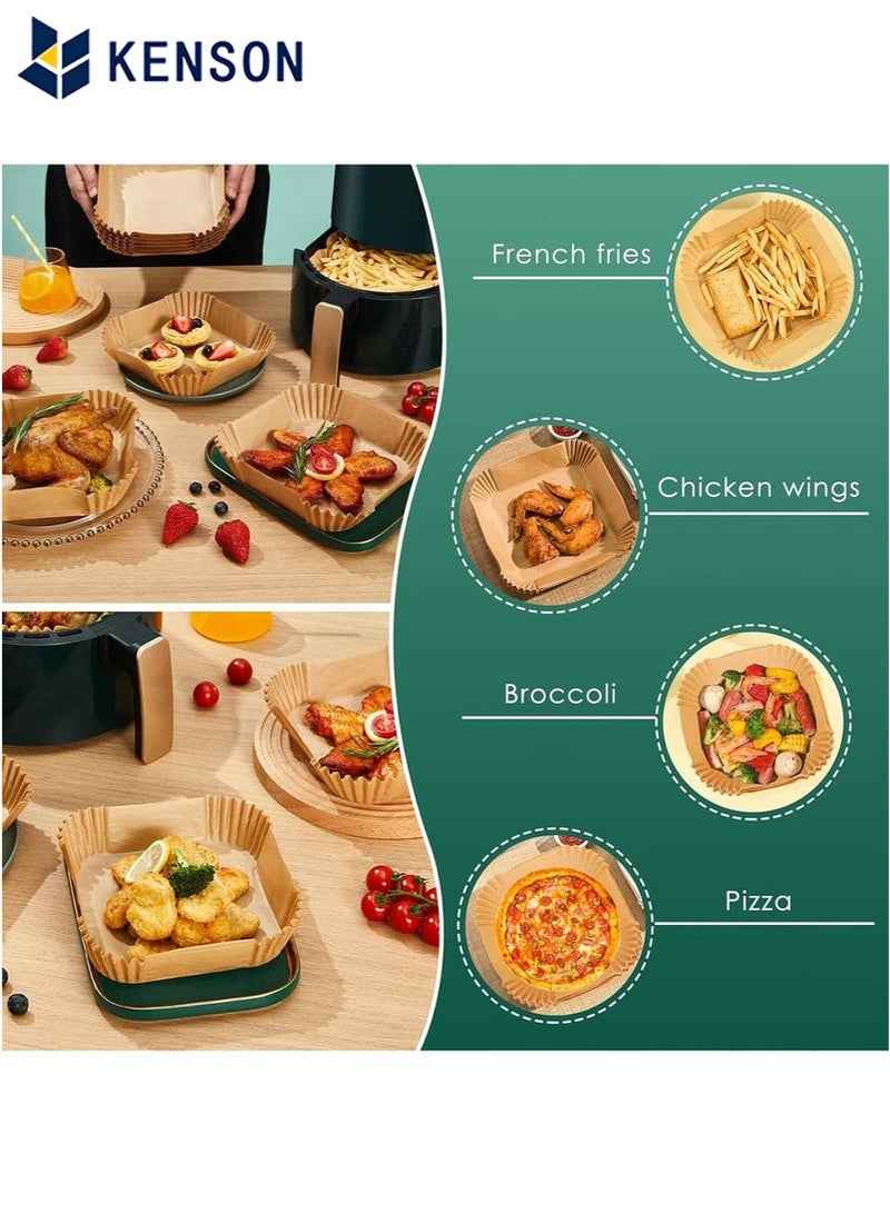 كِينْسُون 100 قطعة من بطانات ورقية للاستخدام مرة واحدة للمقلاة الهوائية مقاس 8 بوصات - وسادات ورقية غير لاصقة ومقاومة للزيت ومقاومة للماء للاستخدام في الأطعمة للشواء والميكروويف والخبز - Image 4