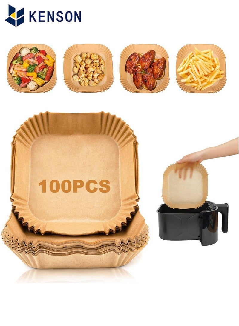 كِينْسُون 100 قطعة من بطانات ورقية للاستخدام مرة واحدة للمقلاة الهوائية مقاس 8 بوصات - وسادات ورقية غير لاصقة ومقاومة للزيت ومقاومة للماء للاستخدام في الأطعمة للشواء والميكروويف والخبز - Image 1