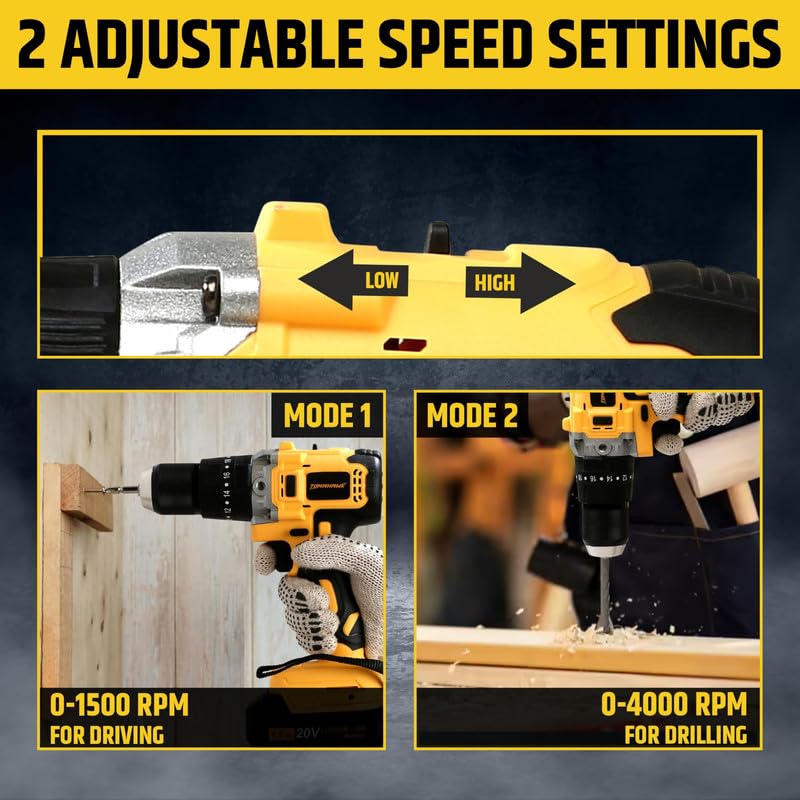 TOMAHAWK® T3626 Brushless Cordless Impact Driver Machine – 13MM Chuck- Multipurpose Hight Torque Drill – Dual Speed Power Drill with Battery & Charger – Cordless with 3 Operation Modes - Image 5