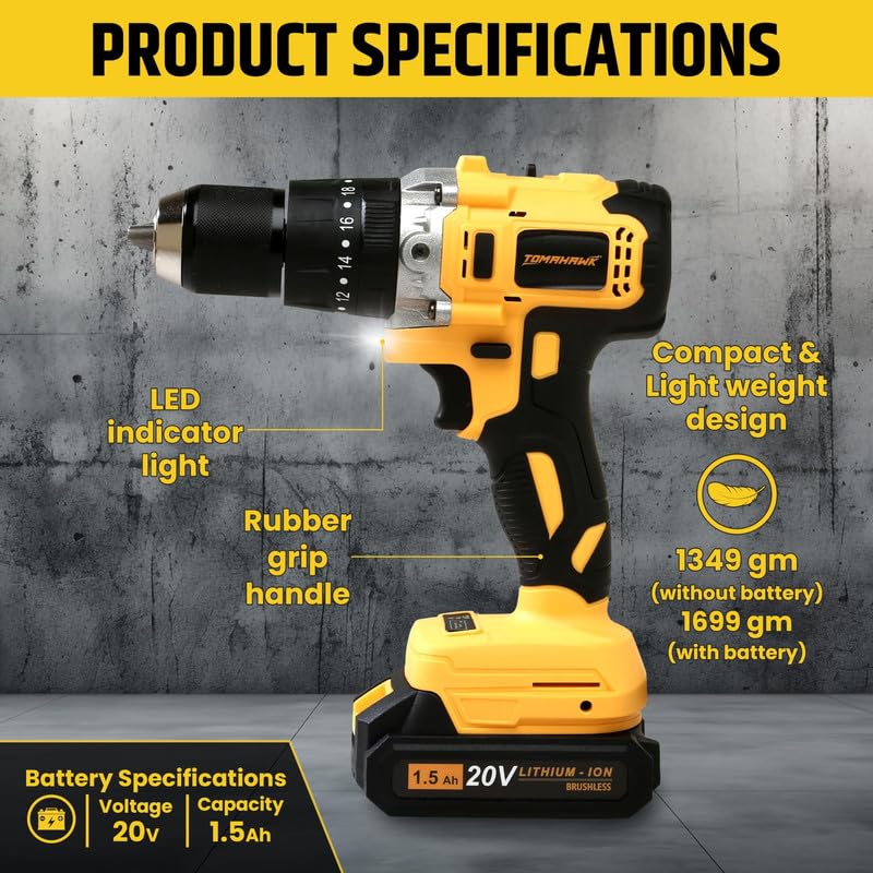 TOMAHAWK® T3626 Brushless Cordless Impact Driver Machine – 13MM Chuck- Multipurpose Hight Torque Drill – Dual Speed Power Drill with Battery & Charger – Cordless with 3 Operation Modes - Image 2