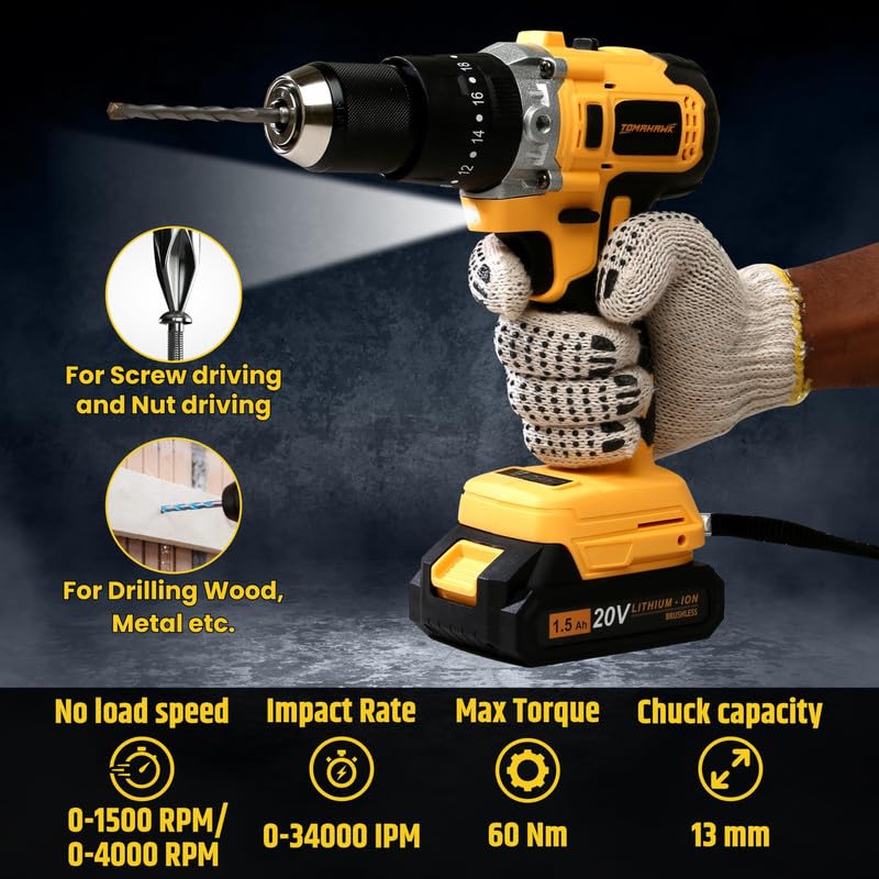 TOMAHAWK® T3626 Brushless Cordless Impact Driver Machine – 13MM Chuck- Multipurpose Hight Torque Drill – Dual Speed Power Drill with Battery & Charger – Cordless with 3 Operation Modes - Image 3