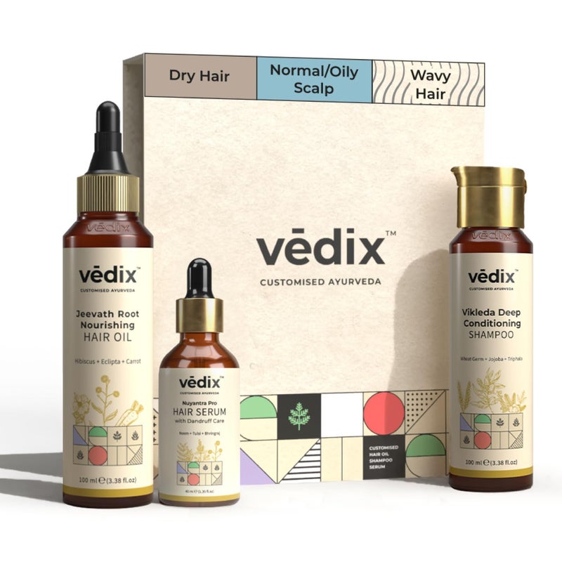 Vedix Ayurvedic Regimen for Dry Wavy HairNormalOily Scalp  Ayurvedic Hair Care Regimen  3 Product Kit  Oil  Shampoo  Nuyantra Pro Hair Growth Serum - Image 1